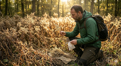 Ein Mann kniet vor einem Goldrutenfeld im Wald