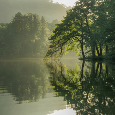 Ein See mit ruhigem Wasser in dem sich die Bäume am Ufer spiegeln